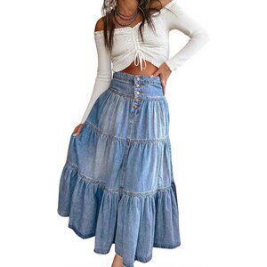 Elegant Tiered Ruffle A-Line Denim Skirt with Button Fly - Women's Size L